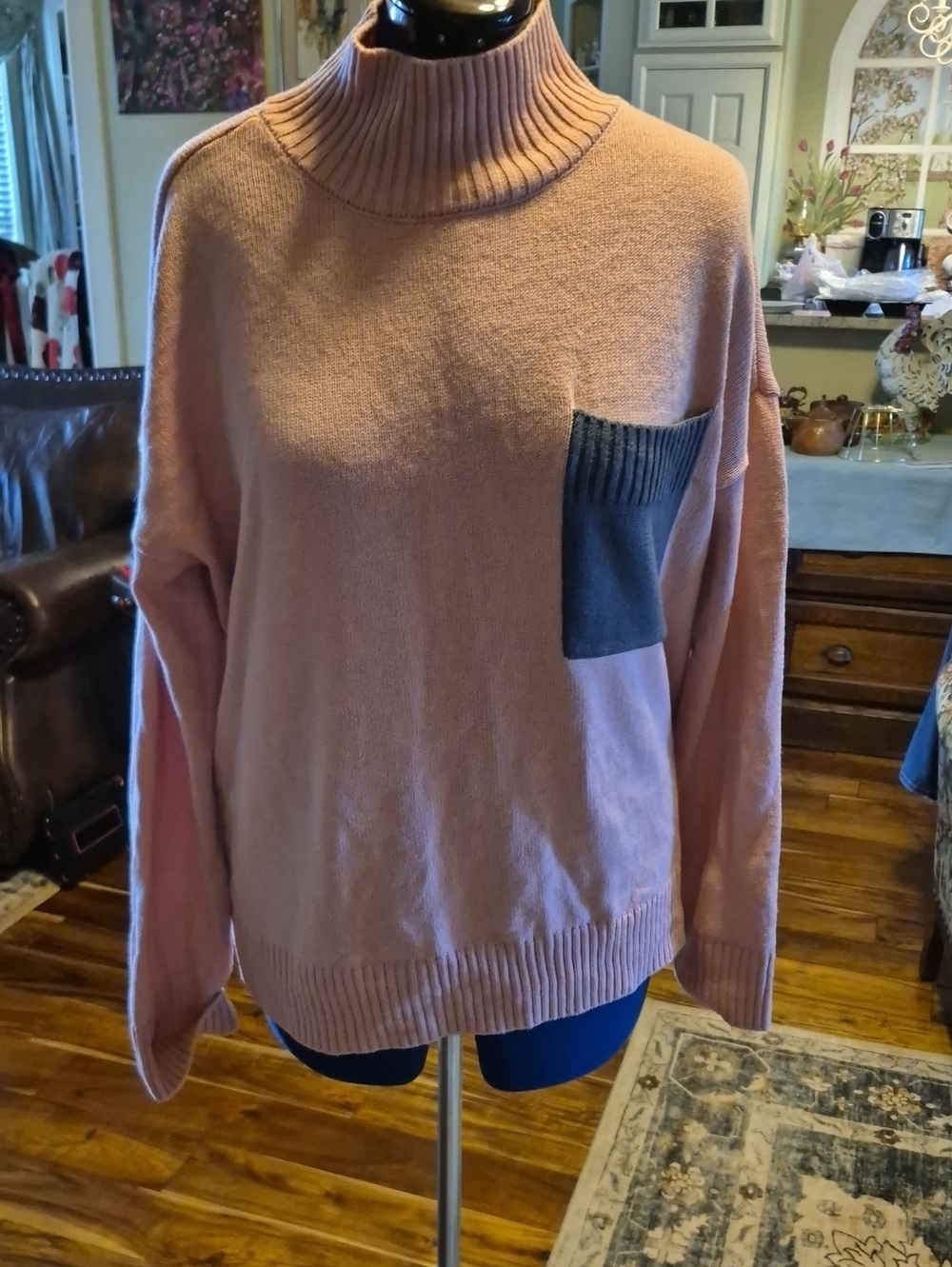 Peace Love World: Cotton Turtleneck Color Block Pocket Sweater